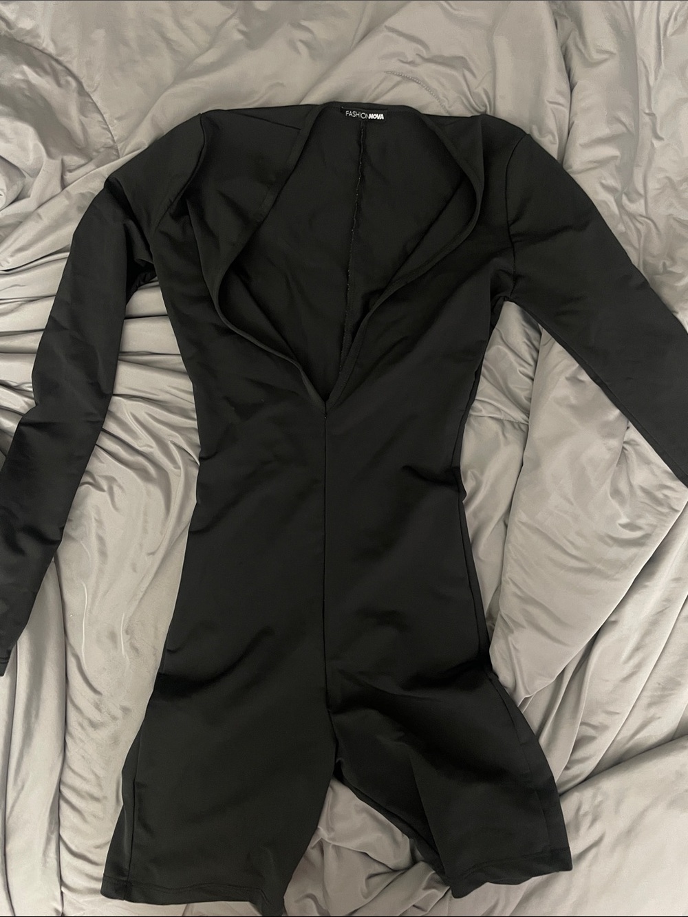 Fashion Nova Black Long Sleeve Plunge Romper